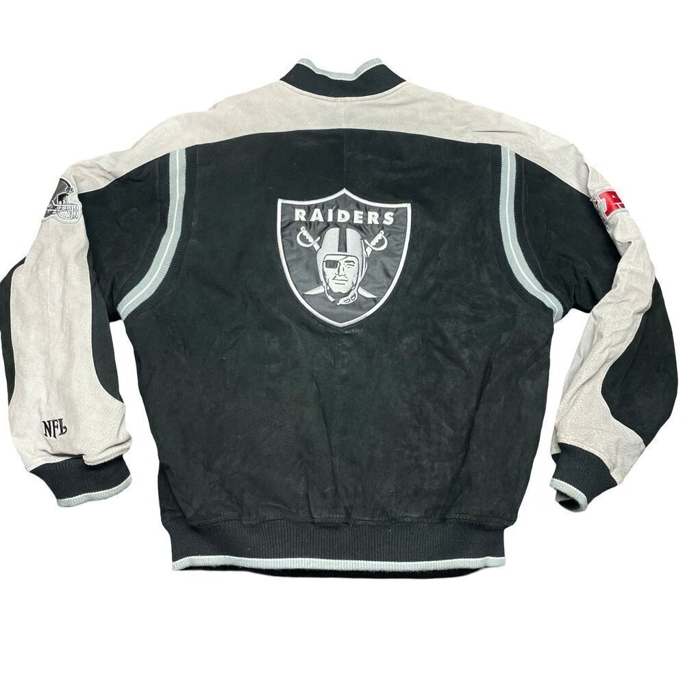 Las Vegas Raiders NFL Suede Lined Bomber Jacket Men's XL Black Gray Embroidered - Picture 2 of 11